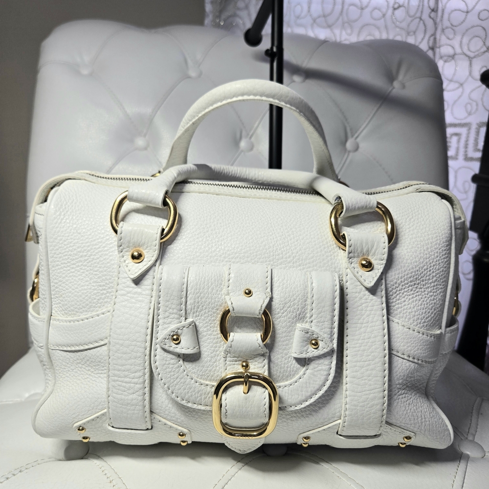 Celine Buckle Boston leather handbag in White With Gold. VERY GooD. Authentic.